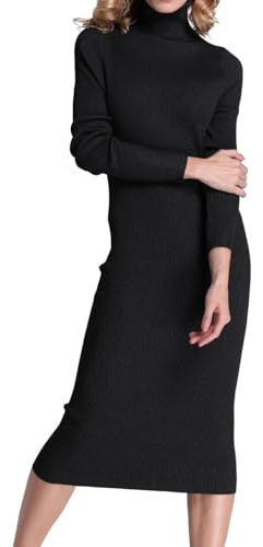Rocorose Women's Turtleneck Ribbed Elbow Long Sleeve Knit Sweater Dress, Black, Small