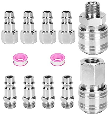TGFIX 10 pcs Raccords de Compresseur 1/4 BSP, Raccord Rapide Air Comprimé, 1/4 BSP Raccord Rapide pour Tuyaux Connecteur Mâle Femme avec 2 Bande d'étanchéité