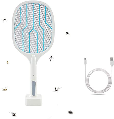 Racchetta Zanzare Elettrica, 3000V con USB Ricaricabile LED 2-In-1 Racchetta Zanzare Elettrico, Protezione Maglia a 3 Strati, Adatto per Casa Giardino Campeggio Interni ed Esterni