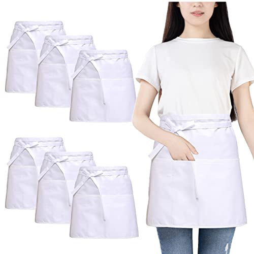 FunChaos 6 Pezzi Impermeabile Grembiuli, Mezzo Grembiuli da Cucina con 3 Tasche, Chef Grembiule per Uomini Donne, Grembiule Corto Cameriera Cameriere, Grembiule per Bistrot, Bar, Ristorante (Bianco)