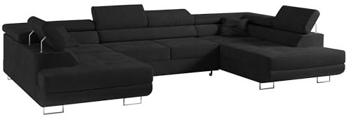 MKS MEBLE Ecksofa U - Schlafsofa mit Bettkasten - U-Form Couch mit Schlaffunktion - Polstersofa für Wohnzimmer - Gustaw U Schwarz Kronos