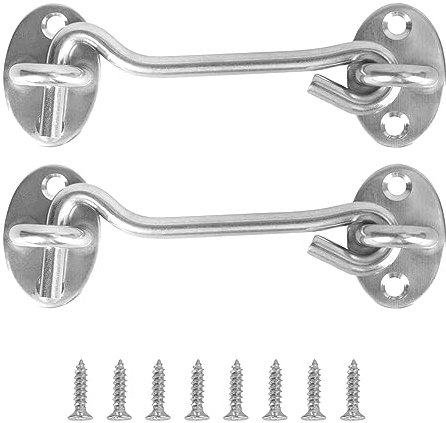 Multipurpose Stainless Steel Storm Hook Set with Eyelet, Storm Hook, Set of 2, Window Hooks, Heavy Duty Closure with 8 Pieces Mounting Screws. For Gates, Garages, Fences, Windows or Sheds (4 Inches/10