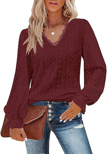 Flikity Christmas Tops for Women, Lace V Neck Puff Long Sleeve Eyelet Shirts Casual Work Dressy Blouses Office Daily Wear Ladies Tunic Tops Chic Fashion Spring Autumn Clothes Wine-Red XXL