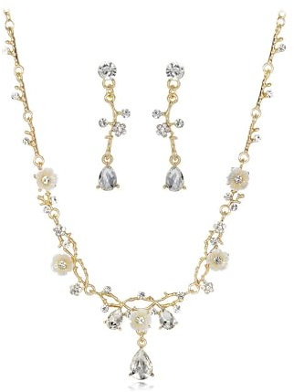 KBRPEY Blumenzweig Schmuckset Halskette Ohrringe Kristall Strass Tropfen Anhänger Kette Elegant Brautschmuck Damen Accessoires