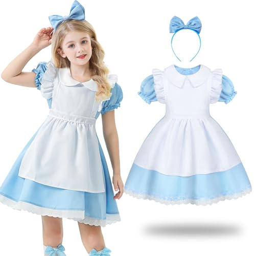 COTRIO Girls Princess Costume Storybook Book Character Costumes for Kids Dress Up with Headband Toddler Girl Birthday Party Outfits Size 10 (9-10 Years, Blue)