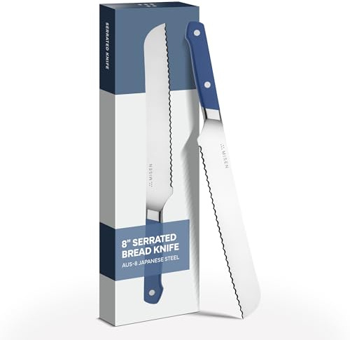 Misen Serrated Bread Knife - High-Carbon Japanese AUS8 Steel - Perfect for Soft Foods, Bread, Pastries, and Fruits - Verstatile Slicer, Razor-Sharp Edge, Durable Blade, Ergonomic Handle - 8, Blue