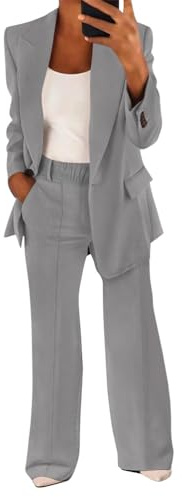 shownicer Tailleur Donna Eleganti Pantaloni e Giacca da Cerimonia Completo Blazer a Maniche Lunghe Tuta Elastici in Vita Set di Abiti in Tinta Unita Due Pezzi Elegante Suit A Grigio Chiaro S