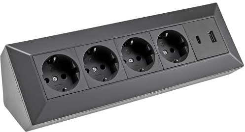 Presa multipla con 4 prese Schuko USB A+C per cucina, ufficio, officina. Multipresa per piano di lavoro della cucina, senza cavo, in plastica (nero)