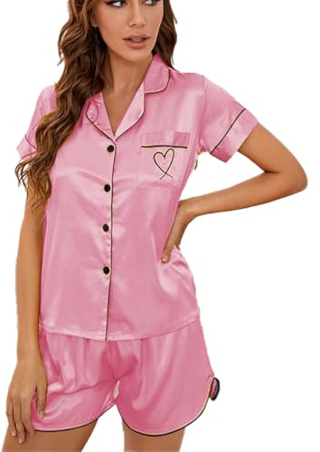 HENGERTOP Pigiama da Donna Manica Corta Pigiama Set con Bottoni Indumenti da Notte, Pigiama da Donna Abbottonato Adatto Casuale a Casa (IT, Testo, M, Regular, Regular, Rosa Rossa)