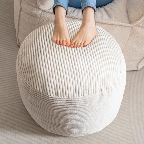 HIGOGOGO Corduroy Beanbags Round Footstool Bean Bag Pouf with Foam Chunk Filling, 50 x 35 cm Floor Poufs Foot Rest for Living Room, Beige