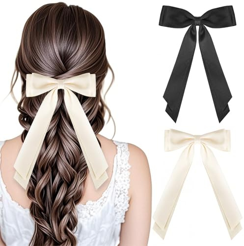 MOXYOY 2PCS Bow Hair Clip, Black Hair Bows for Girls Silky Satin, Solid Color Large Bowknot Hairpin with Long Ribbon, Barrettes Accessories for Girls Women (Black + Milky White)