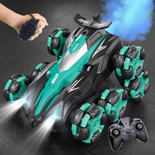 PENGBU RC Ferngesteuertes Auto, 1:16 Auto Ferngesteuert ab 6 8 Jahre, 2,4 GHz Stunt Auto mit Fernbedienung Handsteuerung, 8 Räder, Sprühnebel-LED-Musik, Spielzeug ab 6 7 8 9 Jahre Jungen