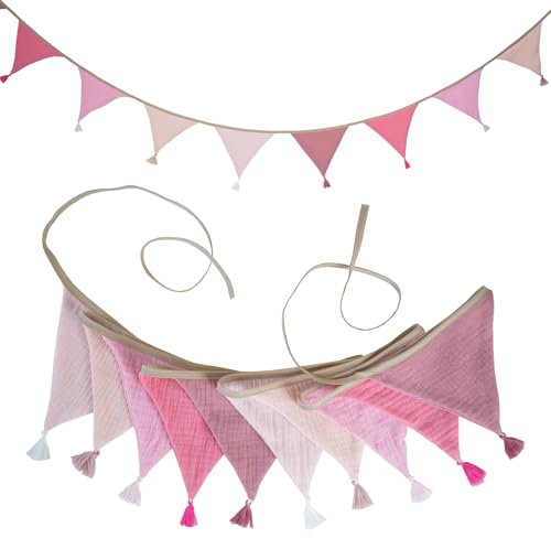 LUMOOM Ghirlanda di bandierine per camera, 2,6 m, decorative, tessuto mussola cotone, rosa