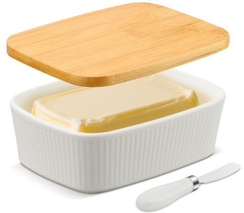 Voency Caja de mantequilla blanca de cerámica, mantequillera de cerámica con tapa de madera y cuchillo, mantequillera blanca de cerámica con tapa, recipiente grande de porcelana en 580 ml para