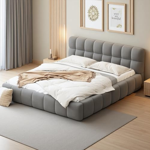 DAHUEN Polsterbett 140x200cm, Doppelbett Bubble Bett mit Lattenrost und Kopfteil, Jugendbett Flachbett mit weicher Rückenlehne, Leinen, Ohne Matratze, Grau (Grau, 140×200cm)