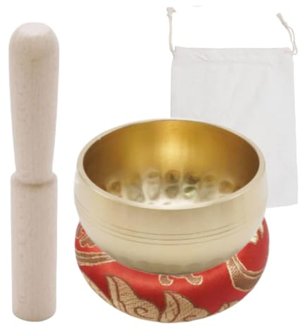 Ollanoos Tibetansk ljudskålsset, diameter 8 cm med unik design, inklusive träklubbor och kuddar för meditation och avkoppling