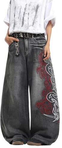 Zewool - Pantaloni baggy da uomo con ricami, jeans hip hop, skater, gamba larga, denim, Y2K, streetwear, L