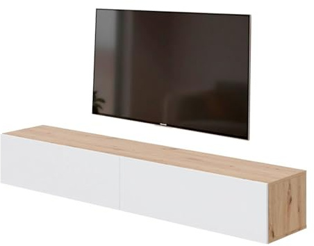 Arreditaly Mobile TV Sospeso Da 180 Cm Parete Attrezzata Con 2 Ante Push Porta TV Moderno In Pannelli Melaminici E1 Per Salotto Soggiorno Design Minimal 180 x 34,5 x 28 Cm Rovere E Bianco Opaco