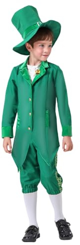 Costume da Leprechaun per Bambini, per Ragazzi e Ragazze, per la Festa di San Patrizio, Completo con Cappello a cilindro e Abito da Cerimonia e Pantaloni da Equitazione, Etnici Irlandesi, Colore Verde
