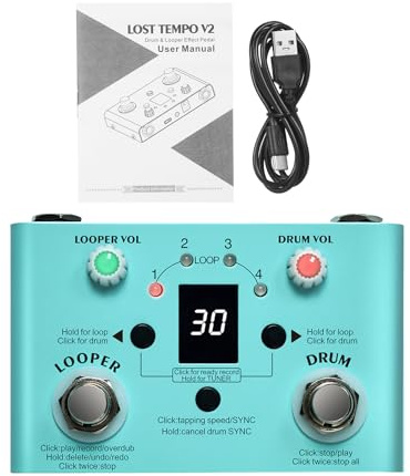 Glomora M VAVE LOST TEMPO 2-in-1 Mini Drum Machine & Looper Pedal with Tuner, Dual Footswitch, 30 Drums, 4 Loops, 11 Min Record, USB Audio Export, Portable Guitar Effect Pedal (With speed adjustment)