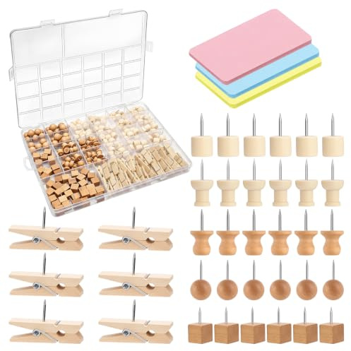 220 Piezas Chinchetas de Madera, Agujas con Puntas de Acero, Pines para Tablero de Anuncios de Corcho, Mapa, Fotos, Oficina, Hogar, Colegio (6 Tipos)
