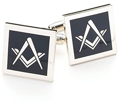 The Masonic Collection Quadratische und Kompass-Manschettenknöpfe für Herren, schwarzes und versilbertes Material, T-Form, Lieferung in Manschettenknopf-Box/Samtbeutel, hochwertiges Geschenk für