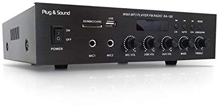 Amplificatore Mono PA RA-100 70W con Radio, USB/SD e Bluetooth – Ingressi RCA e Microfono – Regolazione Tono e Uscita 110V per Casse Acustiche