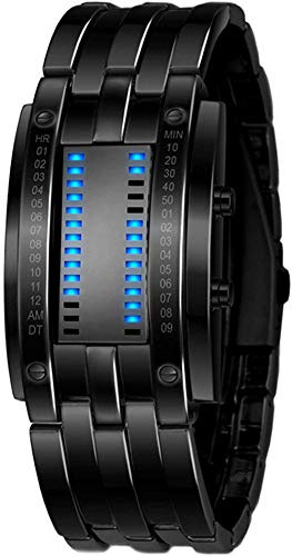 Men's Digital Watch Binary Time LED Display 50M Waterproof Alloy Band Creative Sport Army Wristwatches (Black)