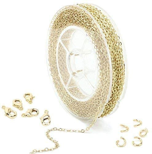 ALEXCRAFT 10 meter guldkedja för smyckestillverkning, guldpläterat halsband, kabelkedja, metallkedja med 50 hoppringar och 20 karbinhakar, kedja för smyckestillverkning