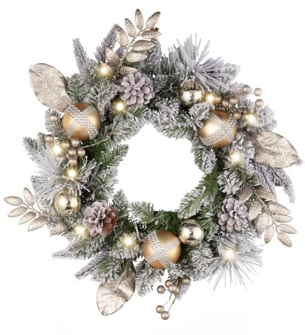 Valery Madelyn 18 Zoll Weihnachtskranz türkranz Weihnachten, haustür weihnachtskranz Weiß Silber weihnachtstürkranz mit Beleuchtung 20 Led Lichtern und Schleife für die Weihnachtsdeko