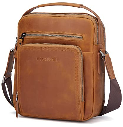 BISON DENIM Herren Taschen Echtleder Umhängetasche Retro Messenger Casual Business Handtasche Umhängetaschen Schultasche Schwarz for Herren