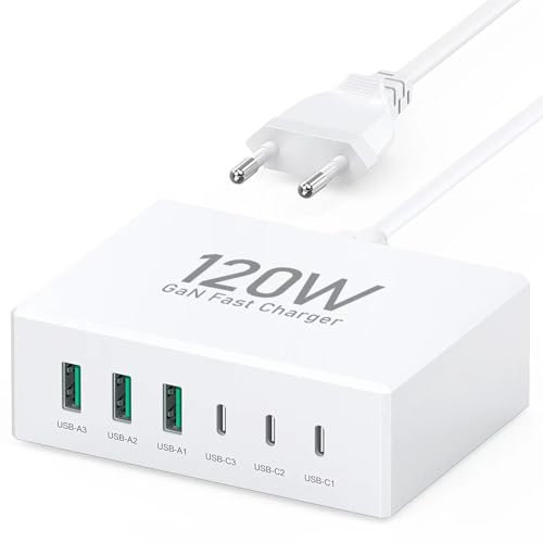 120W USB C Ladegerät 6 Port USB Mehrfach Ladegerät Schnellladegerät Netzteil Ladestecker PD 3.0 Power Adapter für iPhone 16 15 14 Pro Max 13 12 SE 2020 XS XR 8 7, Samsung, Handys