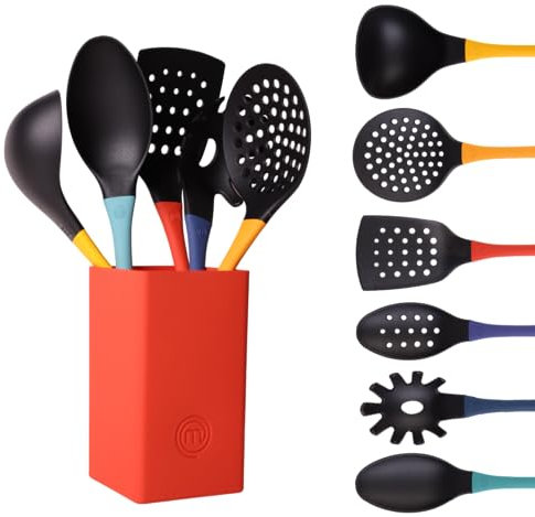 MasterChef Set Utensili Cucina con Porta, Mestoli, Spatola, Cucchiaio, Leccapentole, Set Pasticceria e Altro AntiGraffio e Resistente al Calore, Casa Accesori Antiaderente, Multicolor