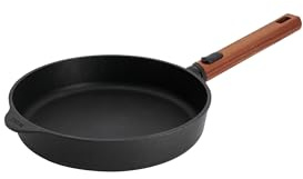 Woll Eco Logic QXR Cast Iron Flat Pan Inductive Diameter 24 cm Height 5 cm with Removable Sustainable Wooden Handle Suitable for All Hob Types PFAS-Free Non-Stick Coating Cast Aluminium