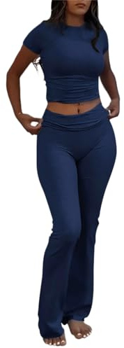AYWA Women's 2 Piece Lounge Sets Short Sleeve Crop Top Foldover Flare Pants Casual Pajama Outfits (Navy, Medium)