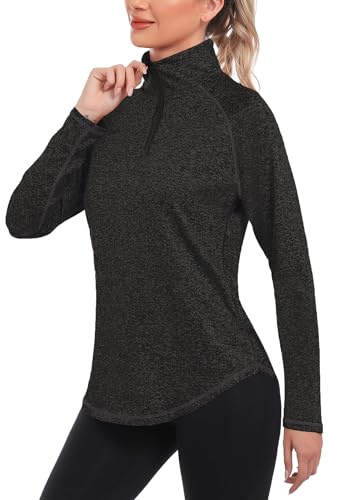 iClosam Maglia Trekking Donna Maniche Lunghe Maglia Tecnica Traspirante Maglietta Sportiva con Mezza Zip Maglietta Running Leggera Magliette Palestra Nero L