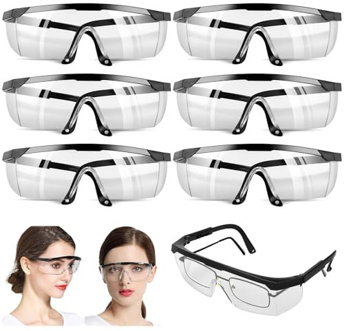 Kigniote Schutzbrille Arbeitsschutzbrille, 6 Stück Transparent Sicherheitsbrille für Brillenträger Labor Chemie Herren Damen (Schwarzer Rand)