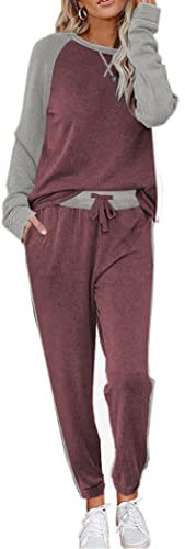 Ekouaer Schlafanzug Damen Langarm Pyjama Set Hausanzug Weich Zweiteiliger Bequem Loungesets Rund Ausschnitt Nachtwäsche Rot L