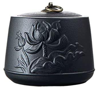 CFGH6FDF Tea Tins Porcelain Tea Canister for Loose Tea, Matte Ceramic Tea Caddy with Sealed Lid, Embossed Lotus Leaves and Flowers 830 ML Tea Caddy(Black)