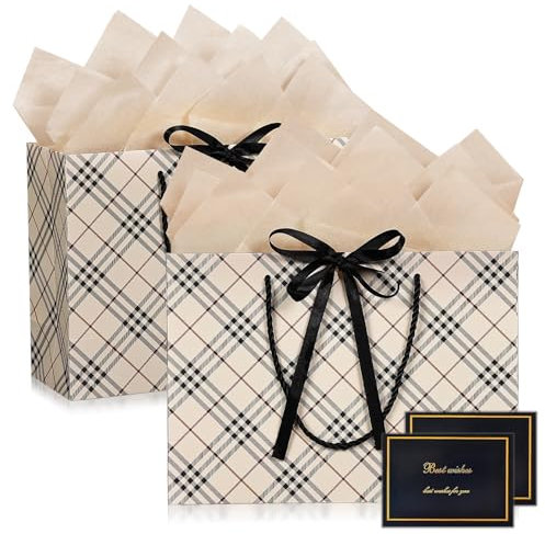 BBLIKE Geschenktüten mit Henkel Schleifenbändern - 2 Geschenktasche + 2 Grußkarten + 4 Sydney Paper,Gestreifte Geschenkverpackung für Hochzeit,Geschenk, Geburtstag,Rautenmuster