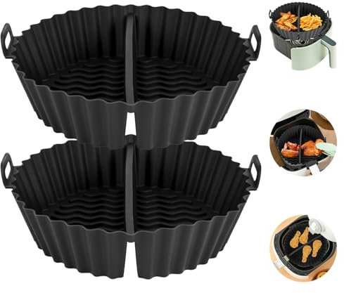YYTECH 20 cm Round Airfryer Silicone Mould Pack of 2 Airfryer Accessories Reusable Silicone Insert Black Hot Air Fryer Baking Mould with Dividers for Microwave Oven Fryers Ovens