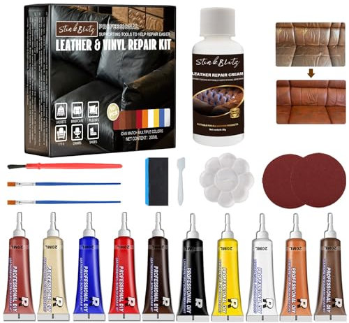 StinkBlitz Crema di Riparazione, Kit Riparazione Pelle, Kit Riparazione Pelle 10 Colori, Kit di Riparazione in Pelle e Vinile per Divani, Nero Riparazione Pelle Stucco per Ripara Pelle Divano per