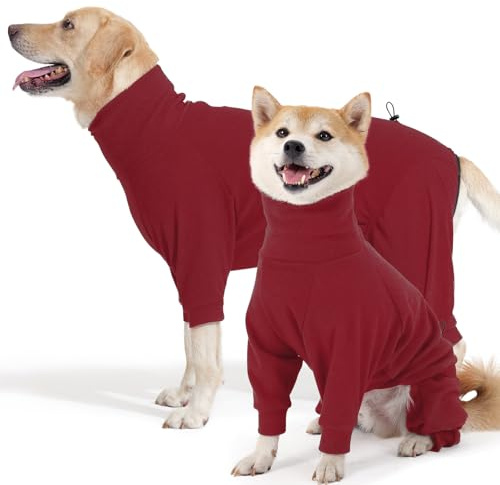 Hjyokuso Dog Jumper With Legs, Dog Onesie, Full-Body Elastic Fleece With Leash Hole, for Chilly Outdoor Mornings, Red -M