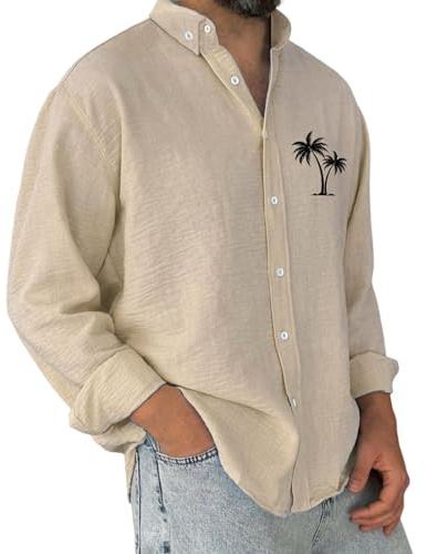 Chemise pour homme en coton et lin à manches longues - Chemise hawaïenne boutonnée - Motif palmier en noix de coco - Chemisier à col, kaki, 4XL