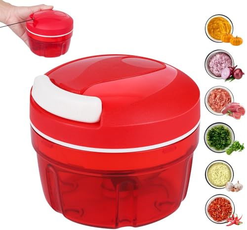 Tritatutto Manuale a Corda 300ML, 1 Pezzo Trita Verdure con Lame in Acciaio Inossidabile, Tritatutto con Cavo a Corda, Affettatrice per Cipolle Cucina, per Aglio, Cipolle, Carote, Rosso