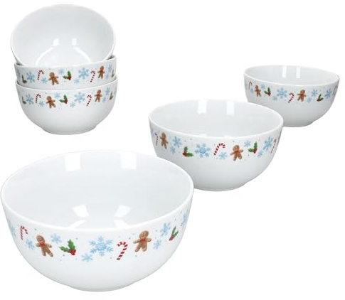 MamboCat Candyman Lot de 6 bols à céréales, 14,2 cm, 480 ml, en porcelaine, avec bonhomme en pain d'épice, sucre d'orge et flocons de neige, pour céréales, desserts et collations