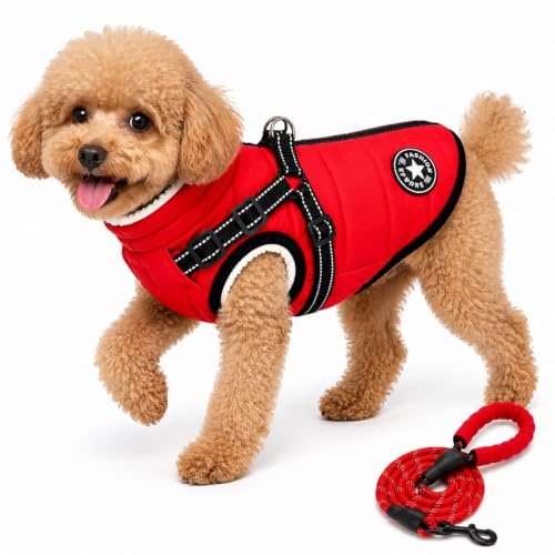 Furry King Dog Coat with Harness, Waterproof Dog Coat for Winter, Warm Fleece Lined Dog Jacket with Reflective Straps, Zip Up Wind Resistant Pet Coat for Small Medium Large Dogs (Red,3XL)