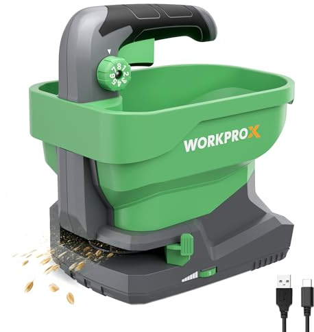 WORKPROX Épandeur de Graines Électrique 7,2 V avec 8 Débits, 6 Vitesses et Largeur de Projection Réglable, Épandeur pour Gazon avec Batterie Intégrée 2,0 Ah pour Graines, Engrais et Sel de Déneigement