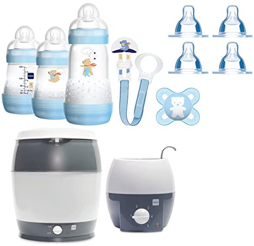 MAM Set 3 - Startset - Flaschen Sauger Sterilisator Flaschen- & Babykoster - Blau + gratis Geschenk