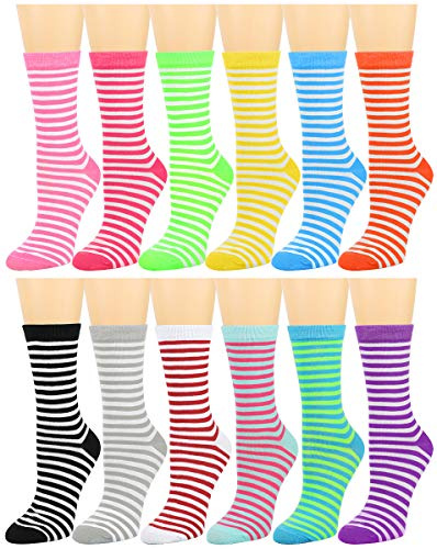 Falari 12 Pairs Women's Cotton Crew Socks Assorted Colors (Multicolor Striped (White))